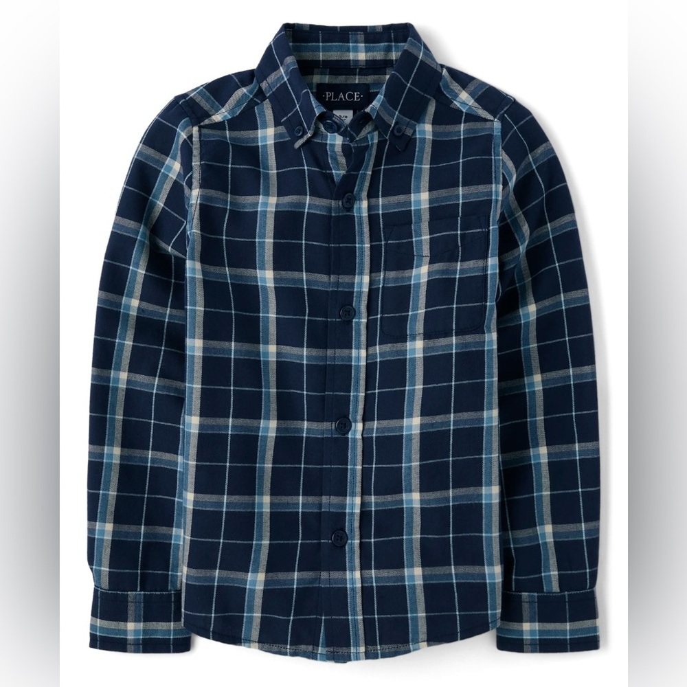 NWT - The Children’s Place Plaid Flannel Button Up Shirt (Blue/White) Size 7/8